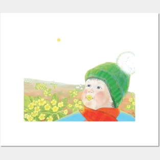 Little boy with primrose flower in mouth Posters and Art